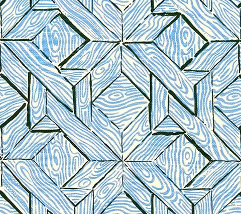 China Seas Fabric: Parquetry - Custom French Blue / Green on White Belgian Linen/Cotton