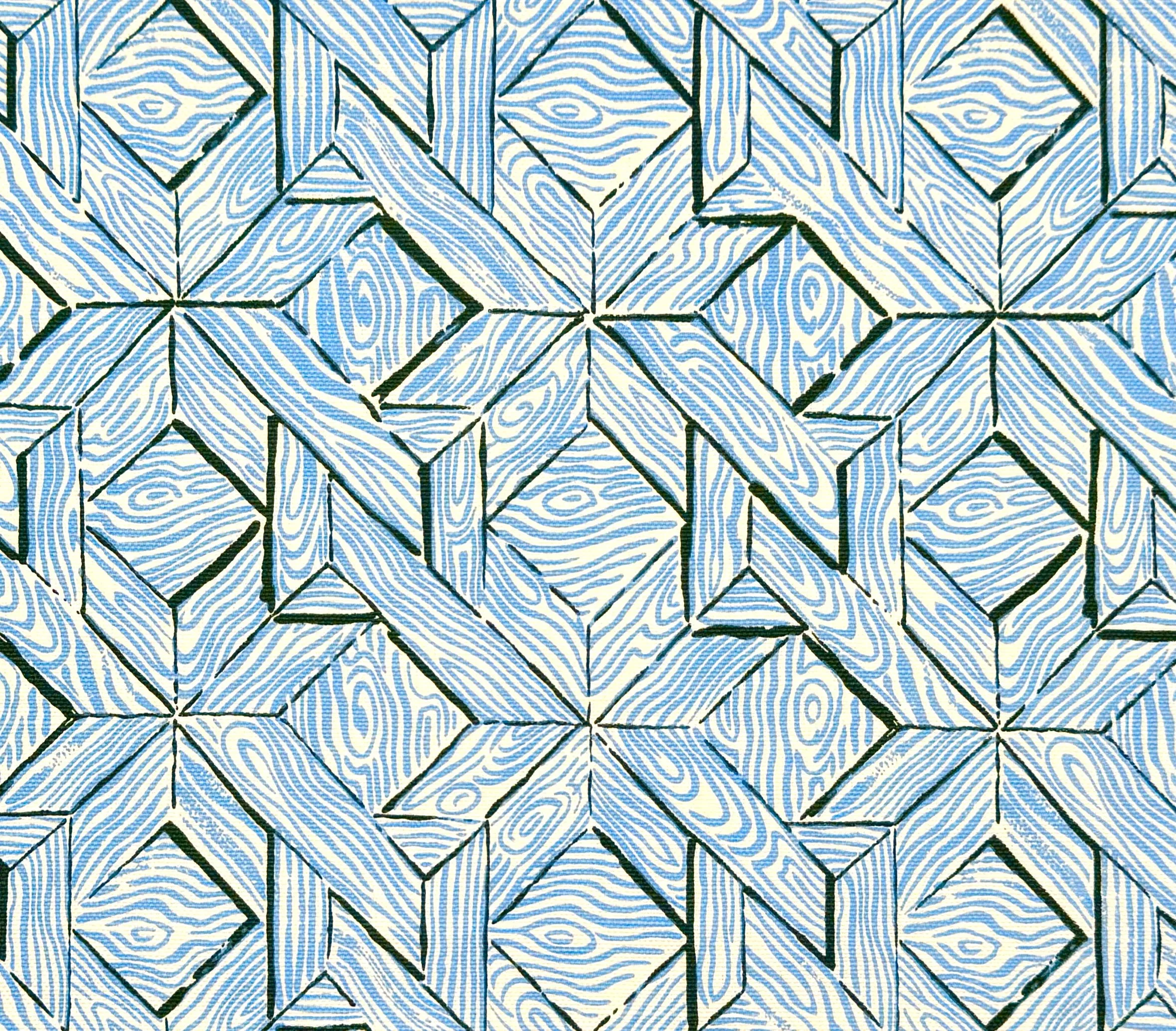 China Seas Fabric: Parquetry - Custom French Blue / Green on White Belgian Linen/Cotton