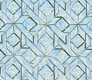 China Seas Fabric: Parquetry - Custom French Blue / Green on White Belgian Linen/Cotton