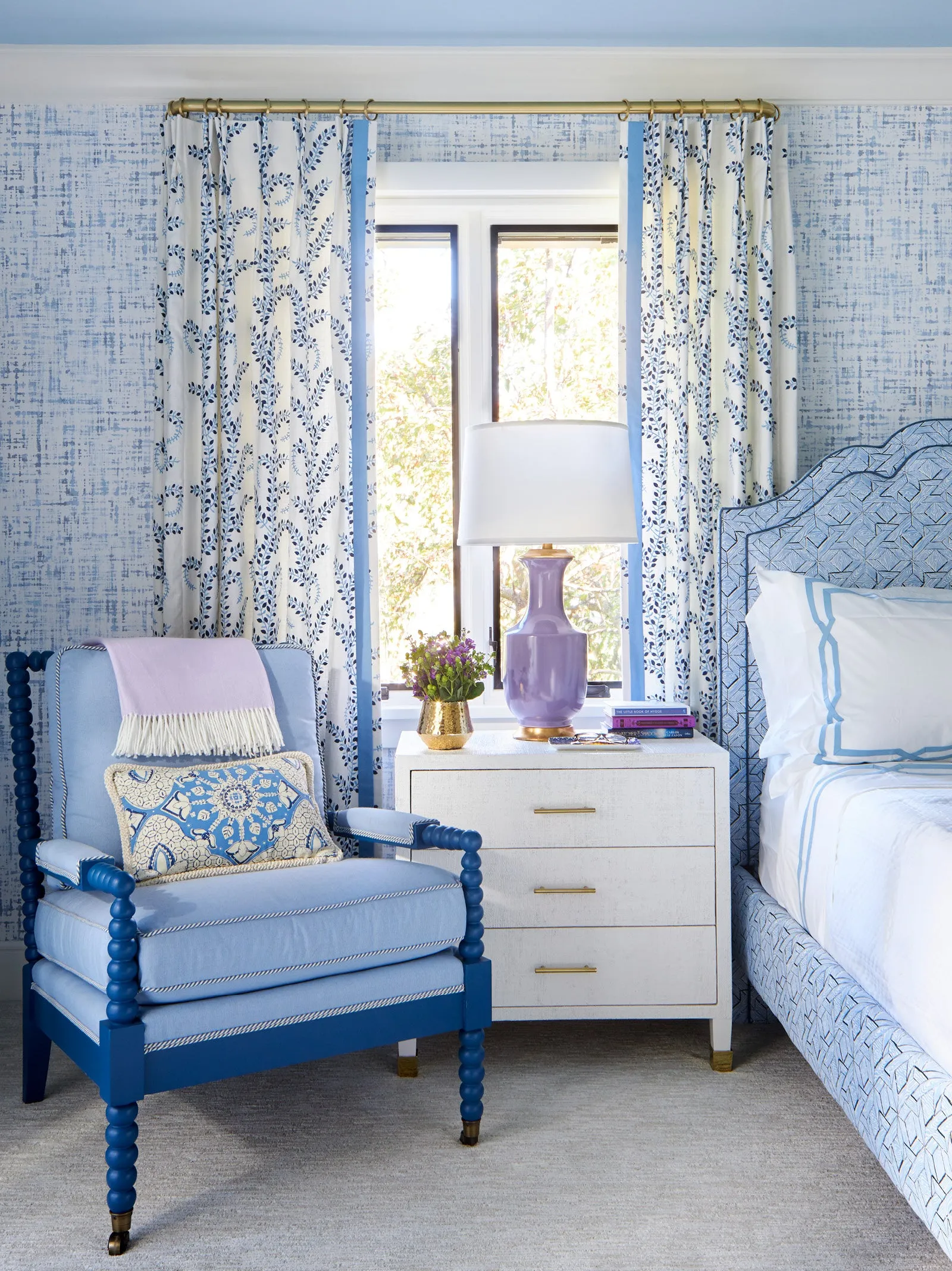 China Seas Fabric: Parquetry - Custom French Blue / Green on White Belgian Linen/Cotton