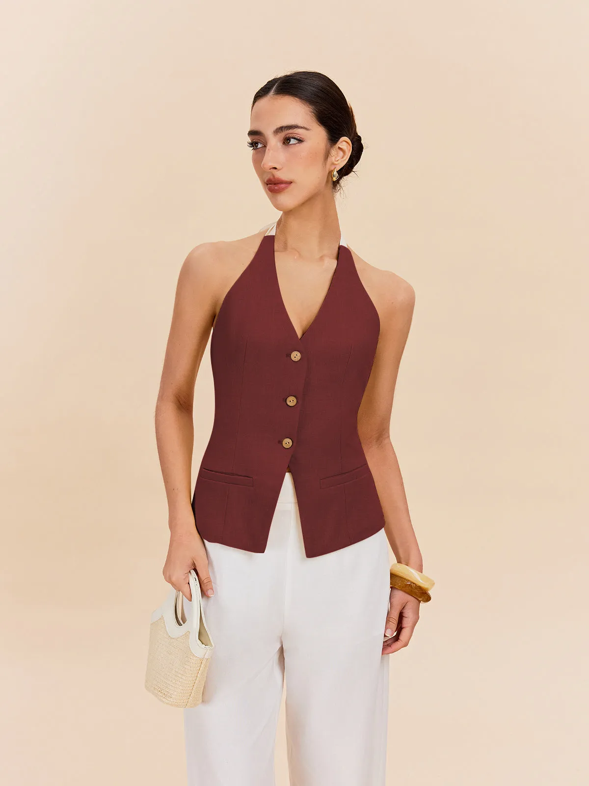 Cotton & Linen Halter Top With Decor Pocket