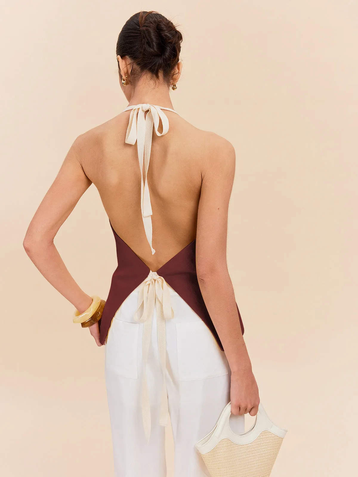 Cotton & Linen Halter Top With Decor Pocket