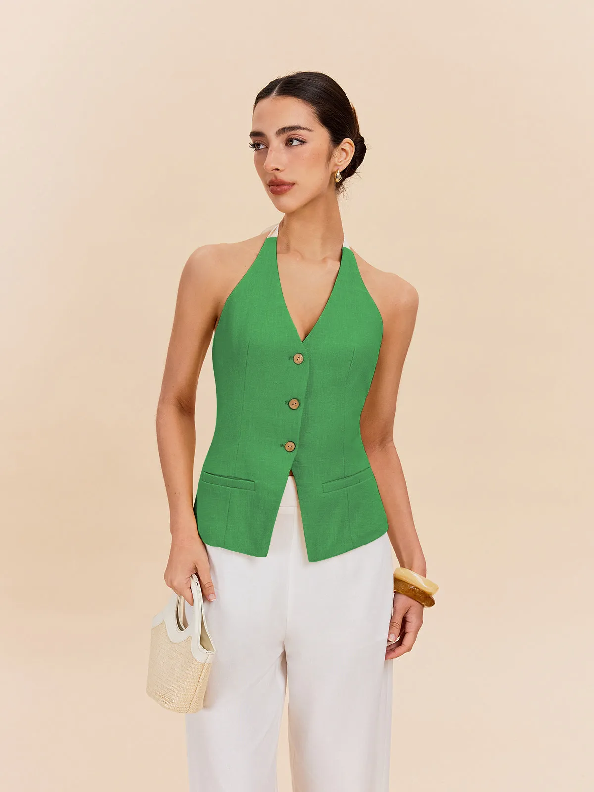 Cotton & Linen Halter Top With Decor Pocket
