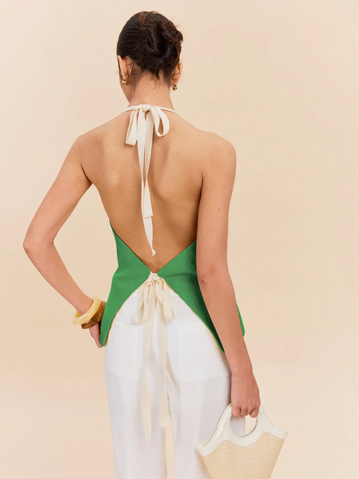 Cotton & Linen Halter Top With Decor Pocket