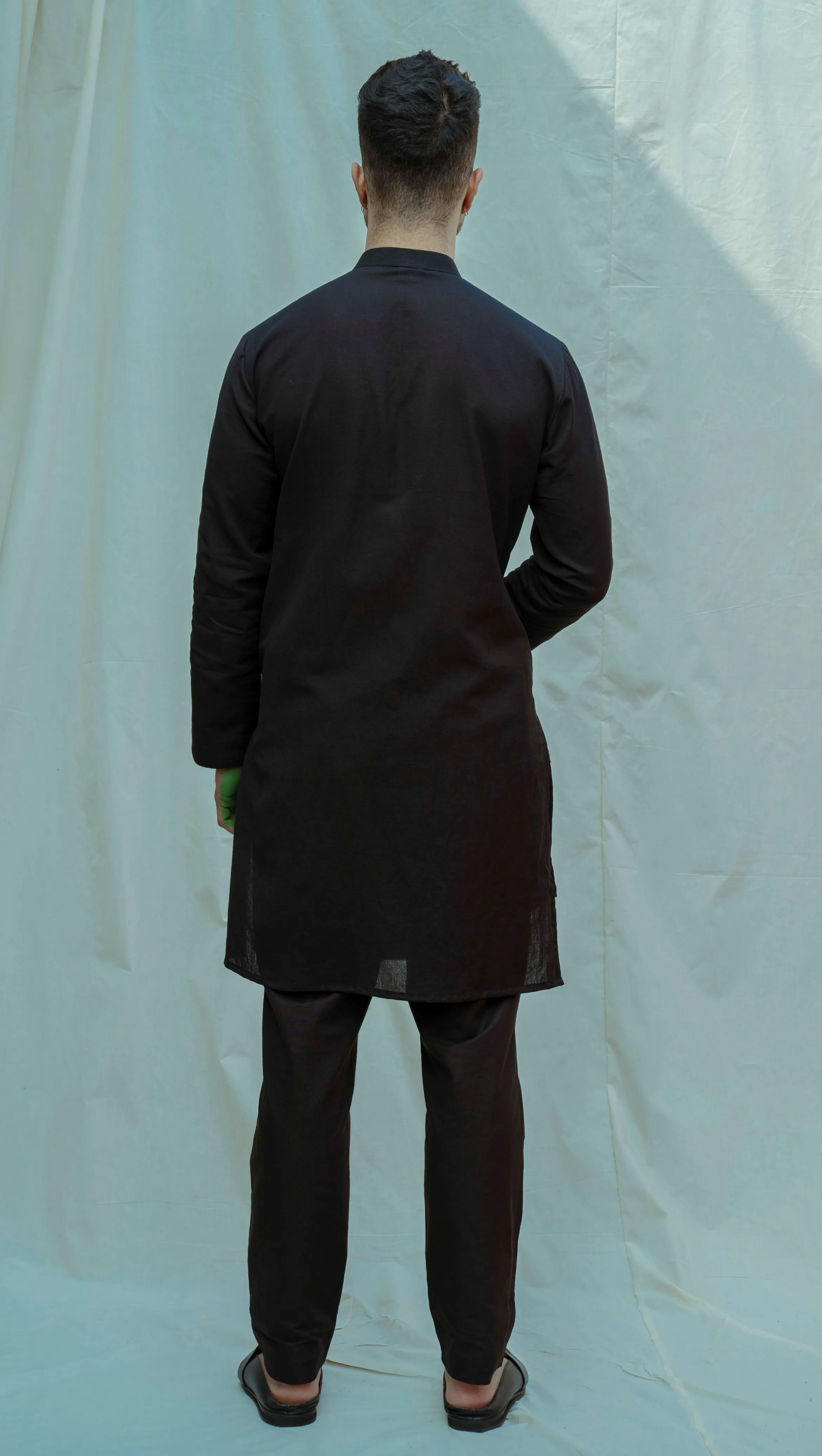 Cotton X Linen Black Asymmetry Pleated Kurta with Pant Set