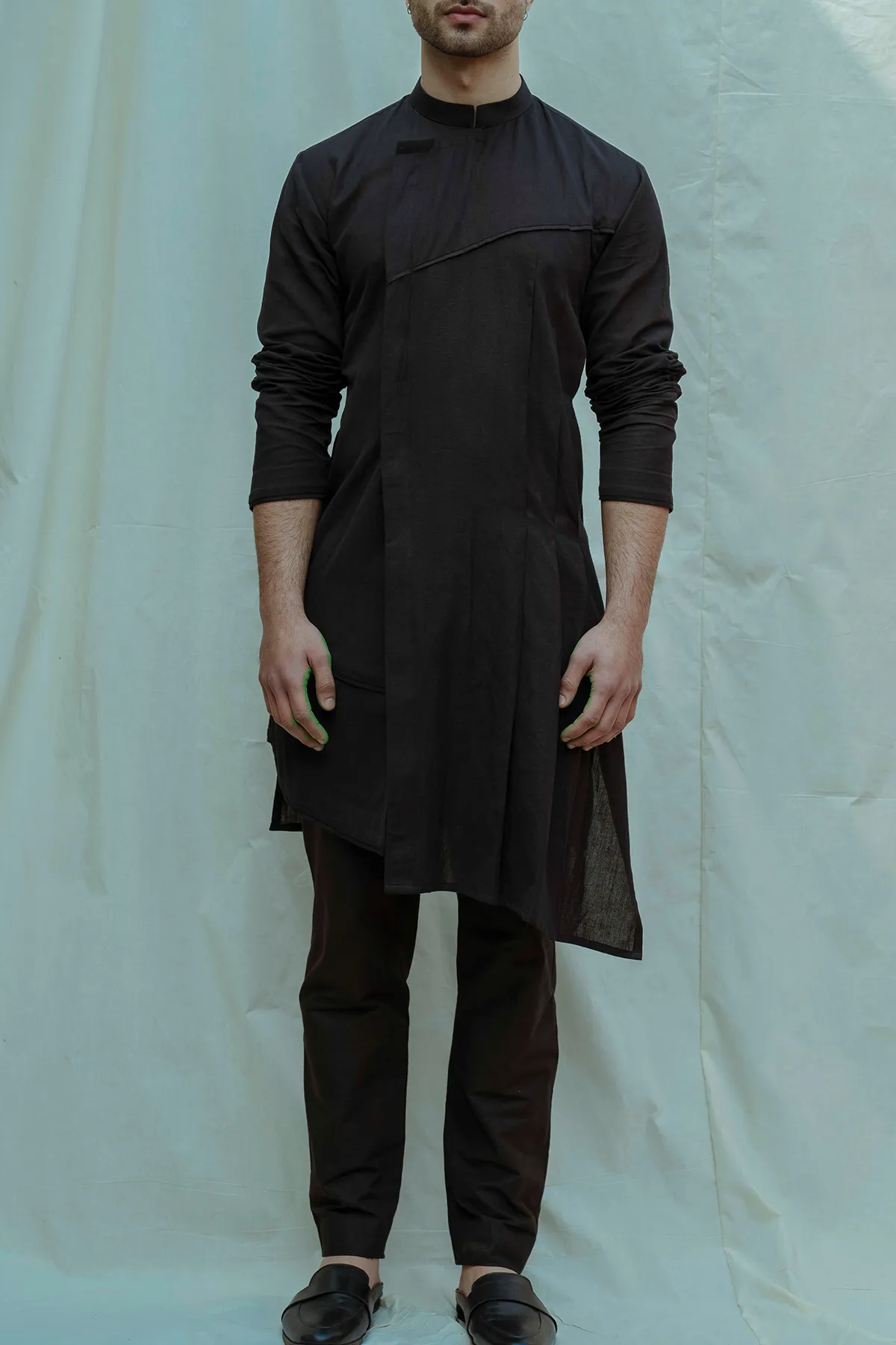 Cotton X Linen Black Asymmetry Pleated Kurta with Pant Set
