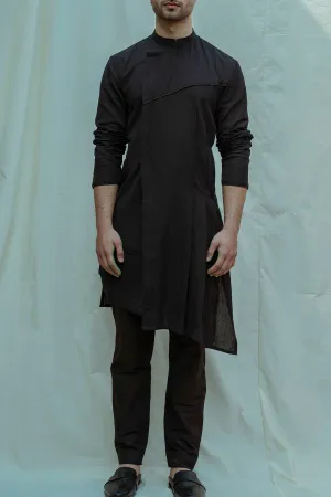 Cotton X Linen Black Asymmetry Pleated Kurta with Pant Set