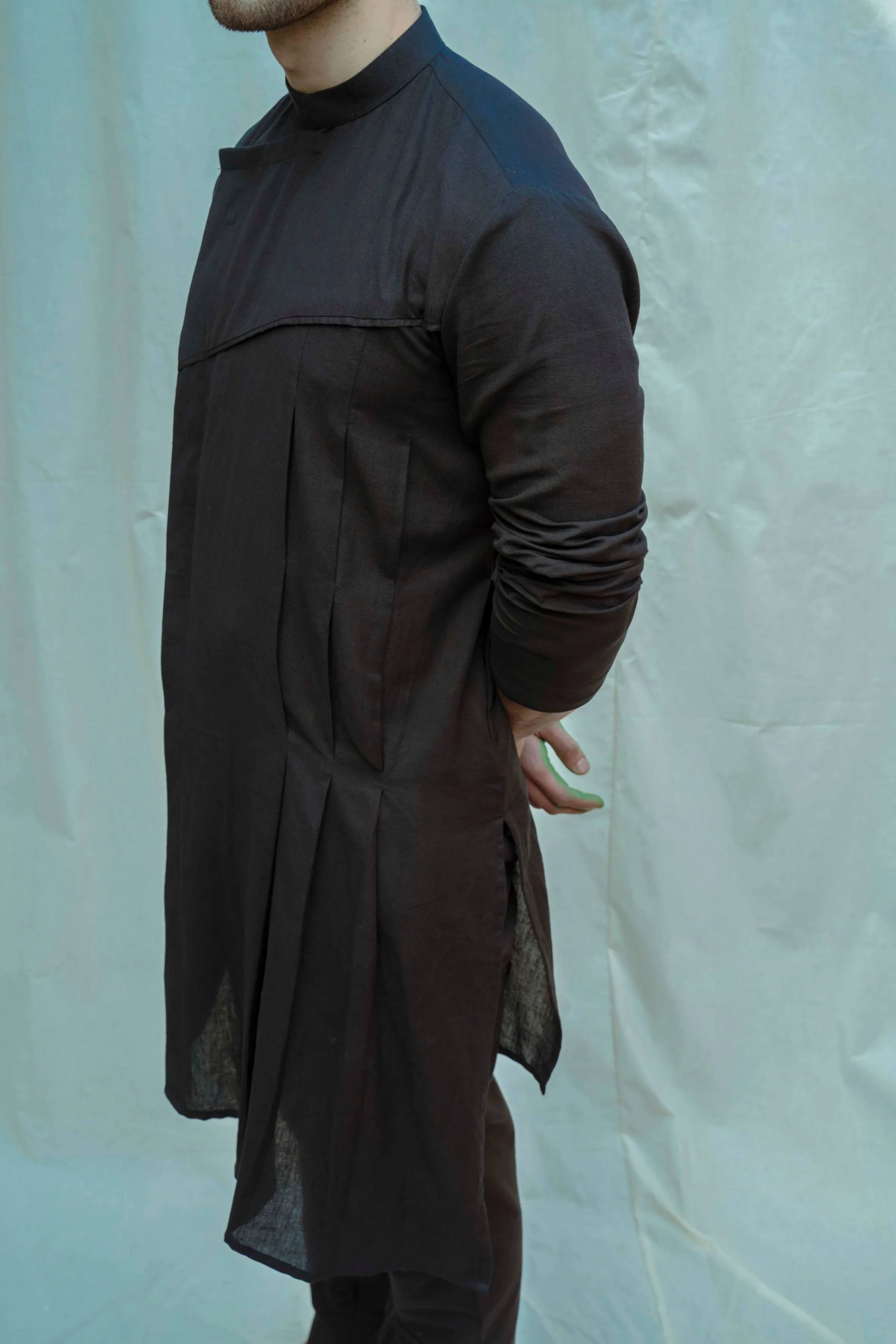 Cotton X Linen Black Asymmetry Pleated Kurta with Pant Set