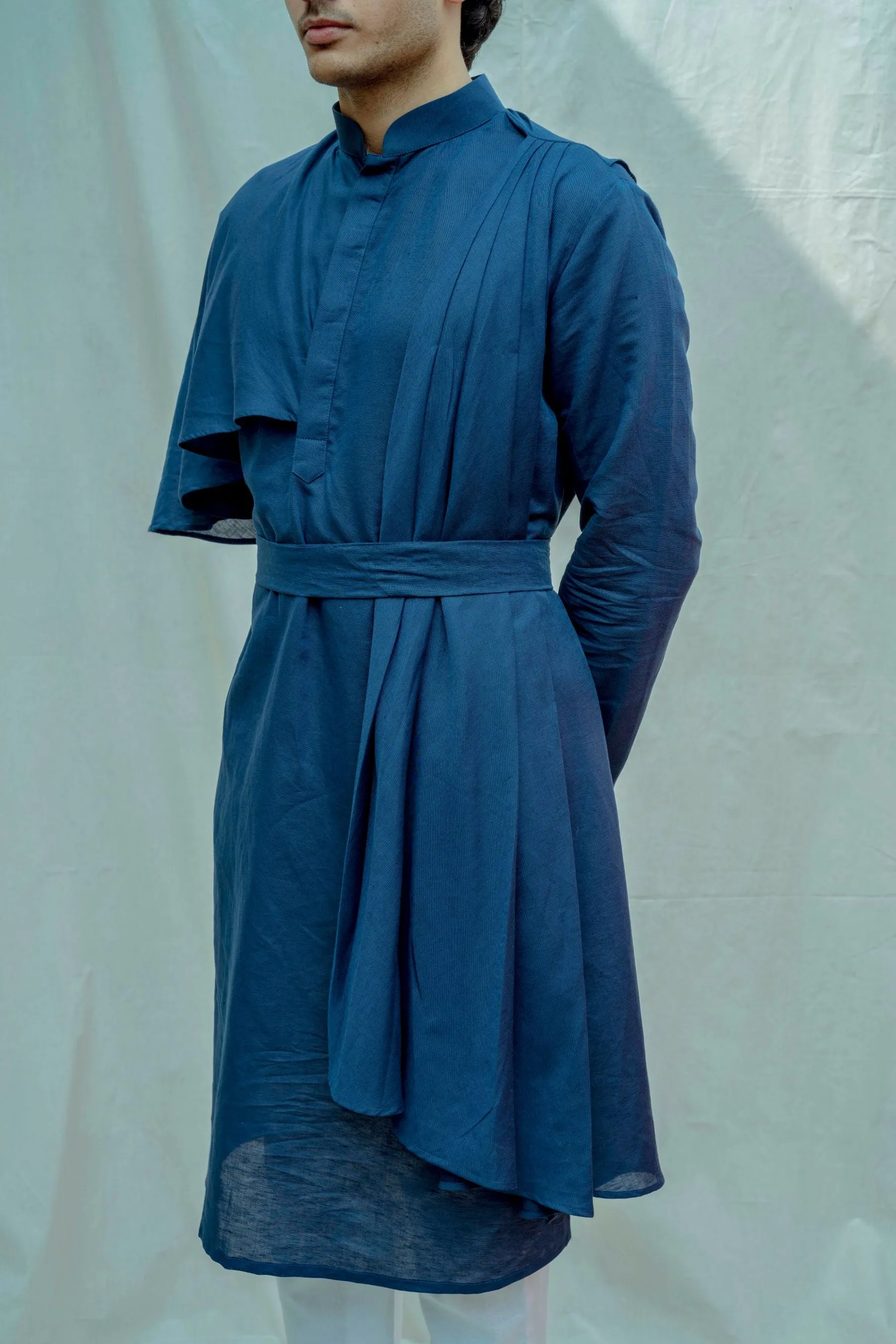 Cotton X Linen Blue Cape Style Kurta Set