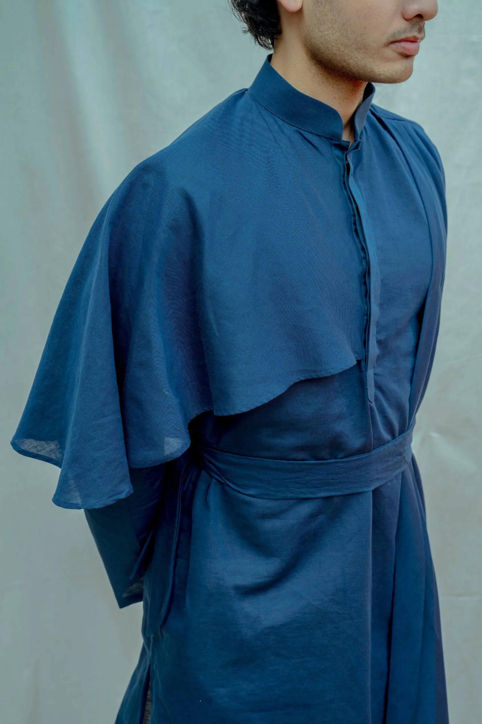 Cotton X Linen Blue Cape Style Kurta Set
