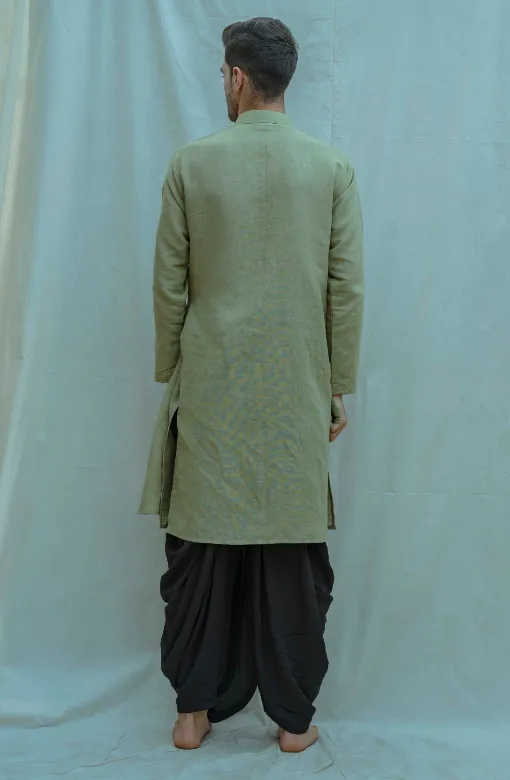Cotton X Linen Pleated Angrakha Kurta In Nature Green