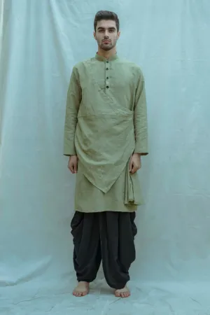 Cotton X Linen Pleated Angrakha Kurta In Nature Green
