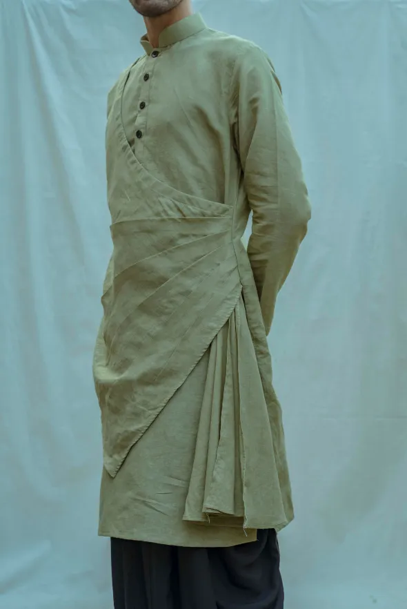 Cotton X Linen Pleated Angrakha Kurta In Nature Green