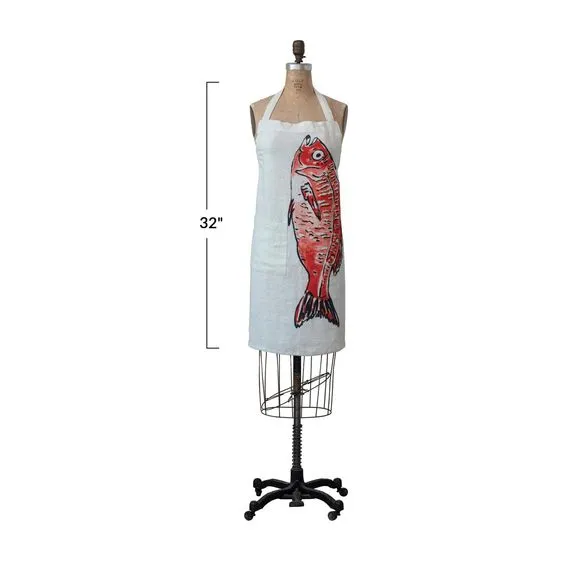 CREATIVE CO-OP- LINEN FISH PRINTED APRON