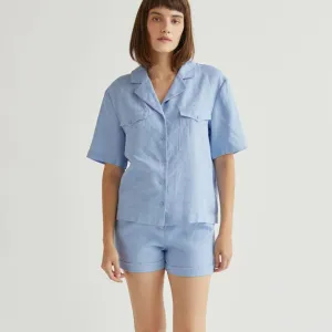 Crescent | Cuffed Linen Shorts in Cornflower