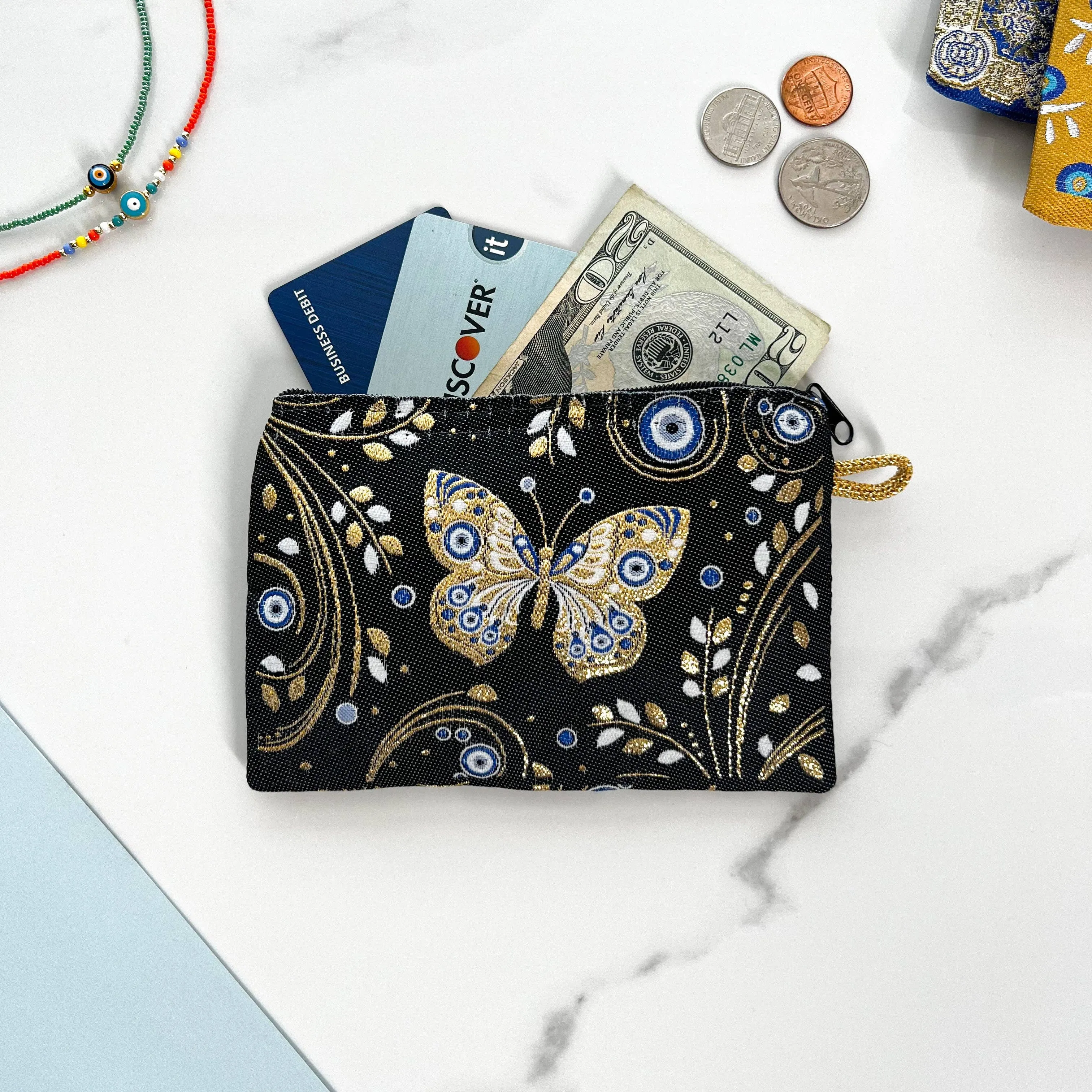 Cute Butterfly Evil Eye Coin Purse Zipper Credit Card Pouch in Black | Handmade in Turkey | 4" x 5"