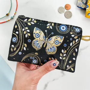 Cute Butterfly Evil Eye Coin Purse Zipper Credit Card Pouch in Black | Handmade in Turkey | 4" x 5"