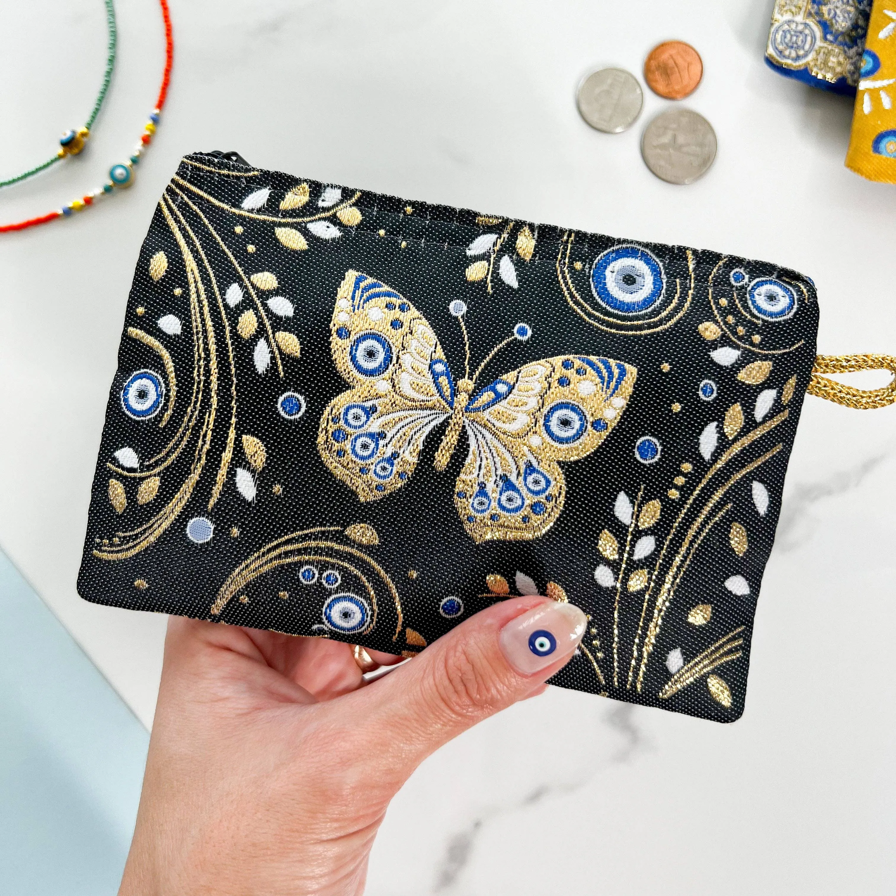 Cute Butterfly Evil Eye Coin Purse Zipper Credit Card Pouch in Black | Handmade in Turkey | 4" x 5"