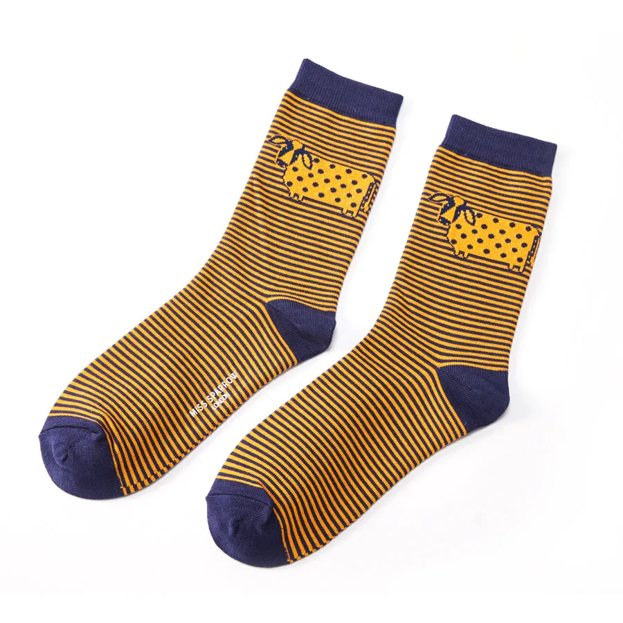 Cute Cow Stipes Bamboo Socks in Navy by Miss Sparrow, Size UK 4-7