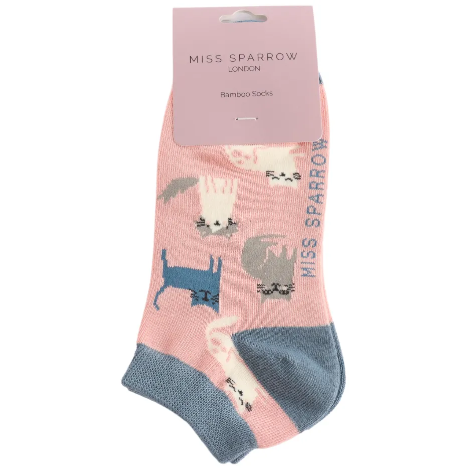 Cute Kitten Bamboo Trainer Socks in Dusky Pink by Miss Sparrow, Size UK 4-7