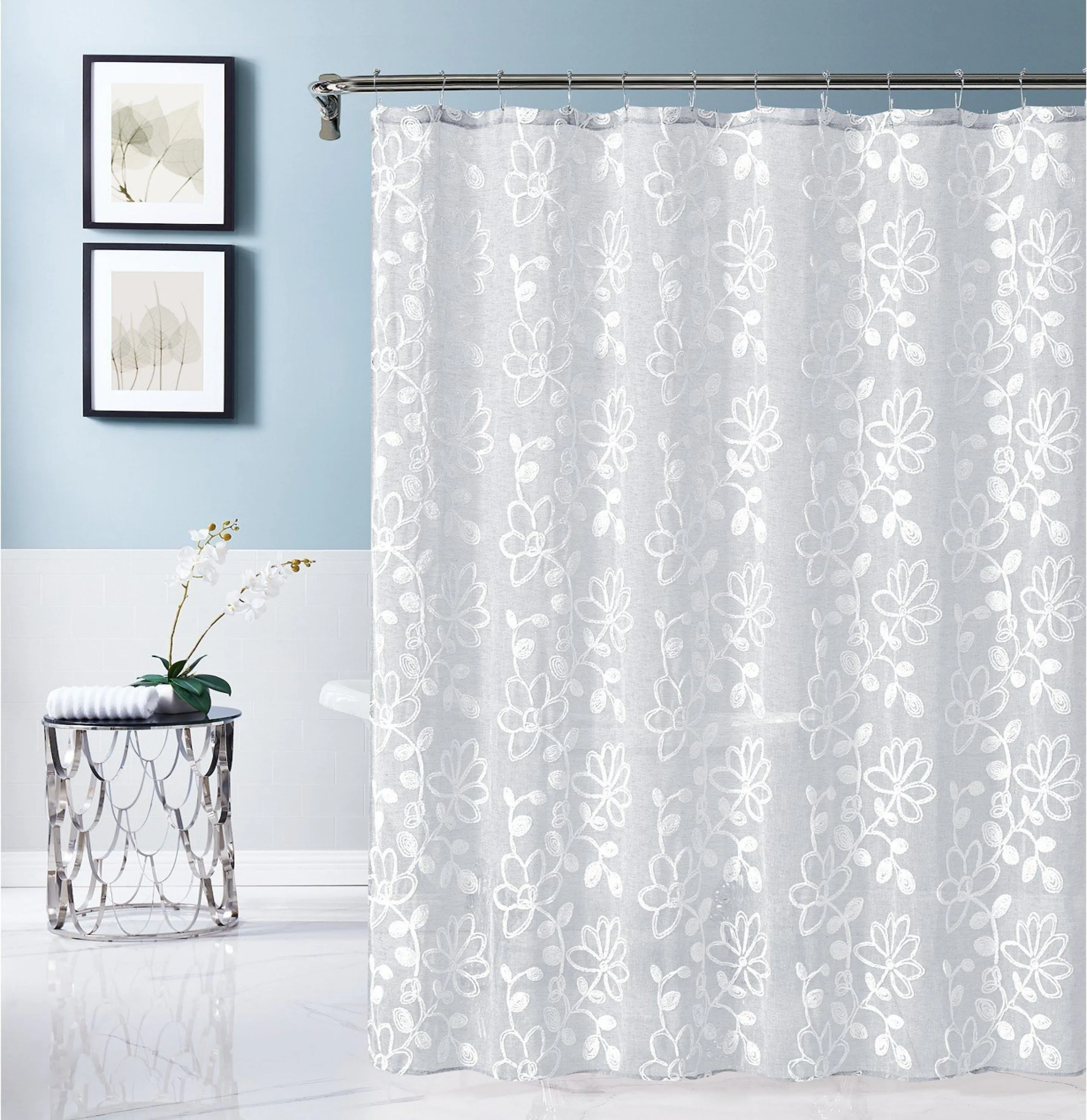 Dainty Home Rita 3D Linen Look Textured Floral 3D Chenille Designed Fabric Shower Curtain