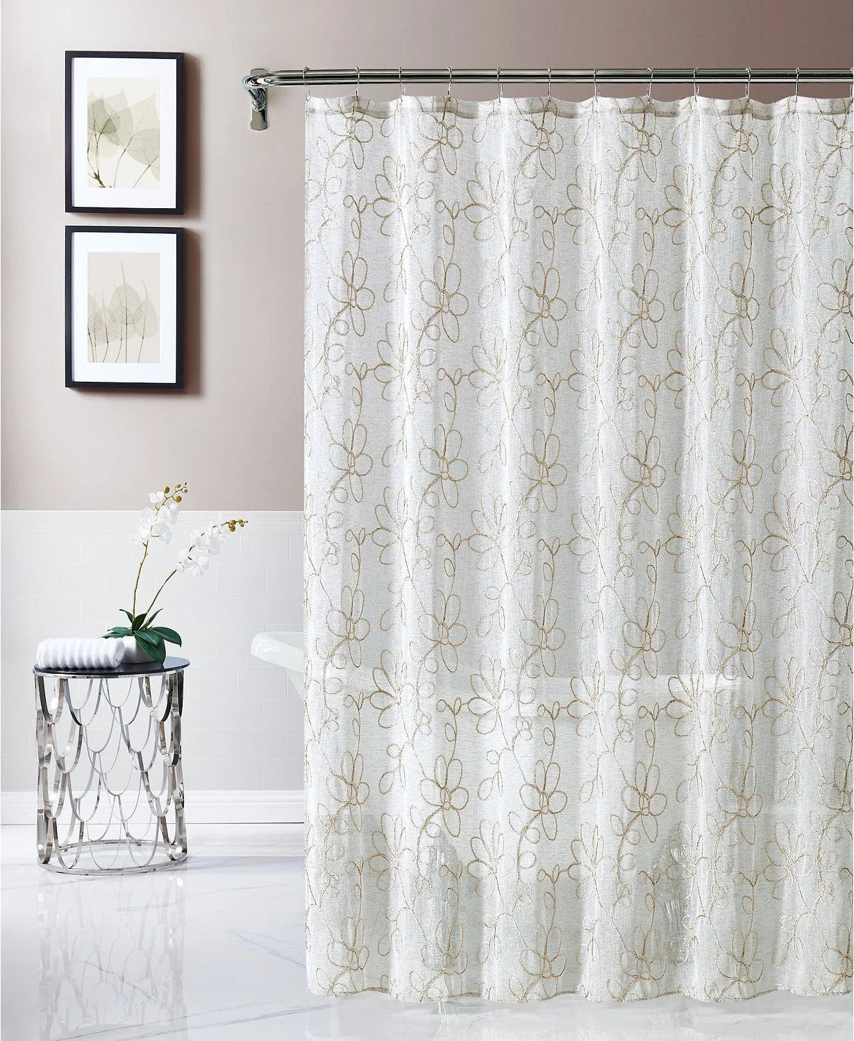Dainty Home Rita 3D Linen Look Textured Floral 3D Chenille Designed Fabric Shower Curtain