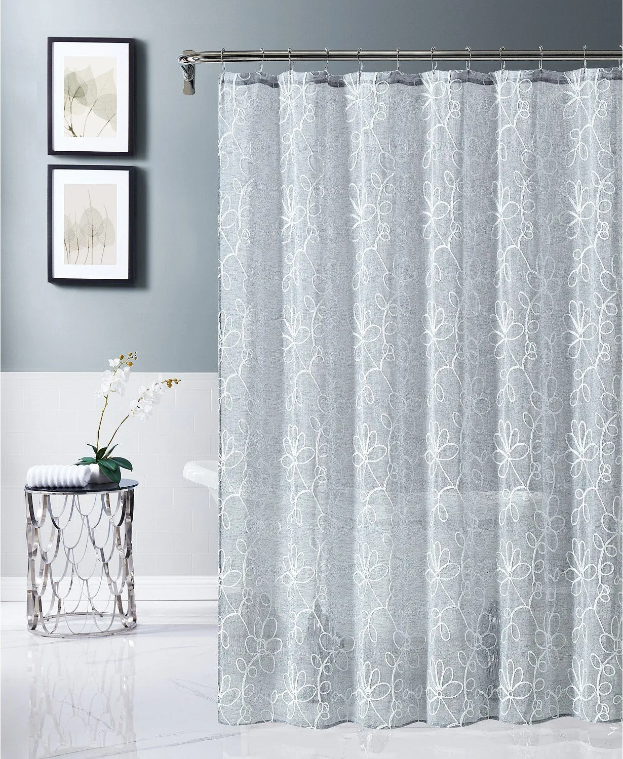 Dainty Home Rita 3D Linen Look Textured Floral 3D Chenille Designed Fabric Shower Curtain