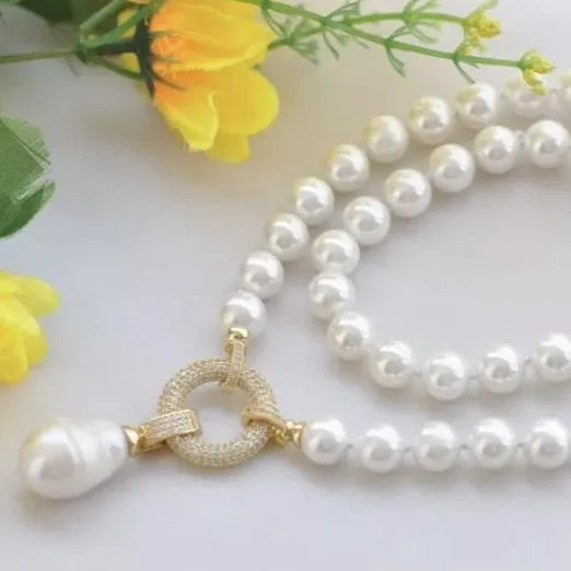 Detachable Keshi Pearl Drop Gemstone Double-Knotted Pearl Statement Necklace 18"