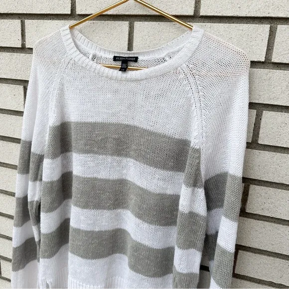 Eileen Fisher Organic Linen Cotton Crewneck Sweater Tan White Stripe