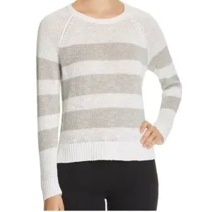 Eileen Fisher Organic Linen Cotton Crewneck Sweater Tan White Stripe