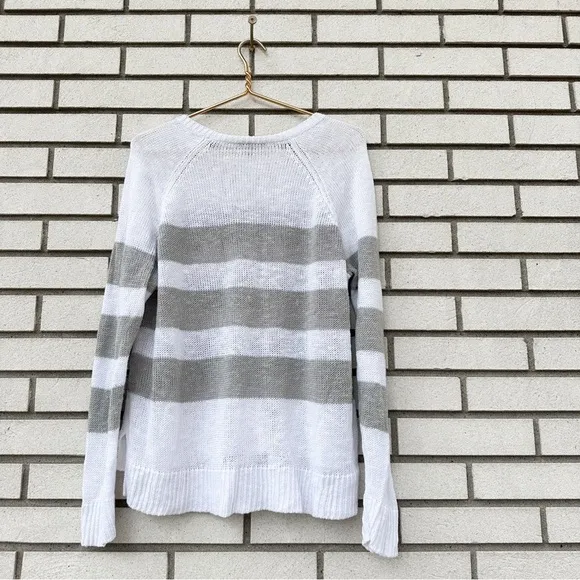 Eileen Fisher Organic Linen Cotton Crewneck Sweater Tan White Stripe