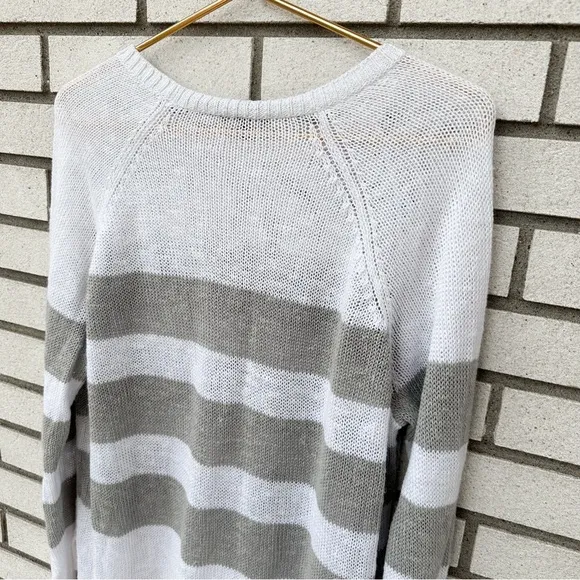 Eileen Fisher Organic Linen Cotton Crewneck Sweater Tan White Stripe