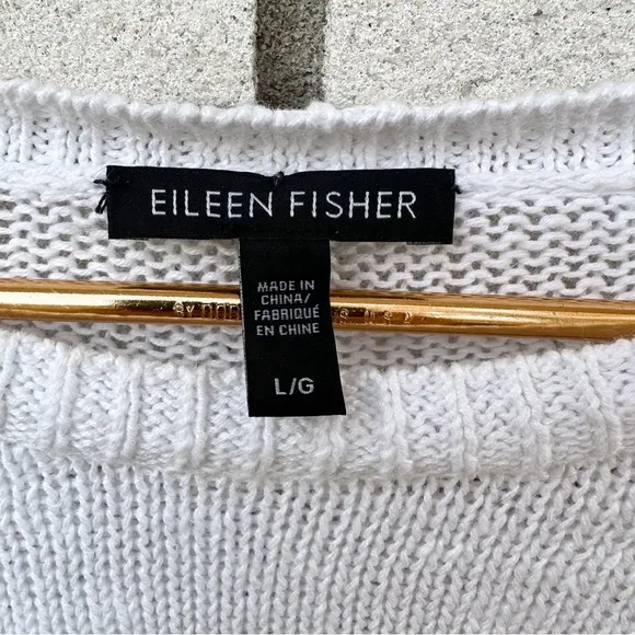 Eileen Fisher Organic Linen Cotton Crewneck Sweater Tan White Stripe