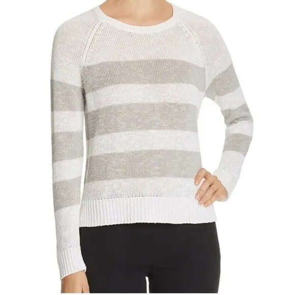 Eileen Fisher Organic Linen Cotton Crewneck Sweater Tan White Stripe