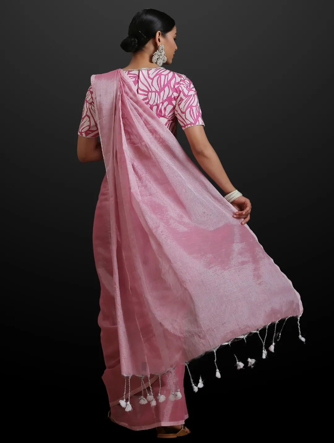Flamingo Pink Silver Cotton Linen Saree