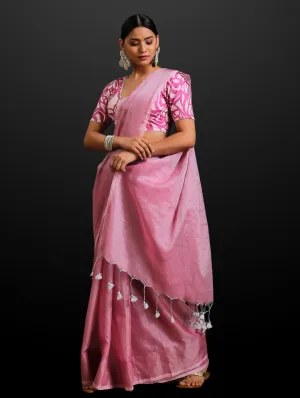 Flamingo Pink Silver Cotton Linen Saree