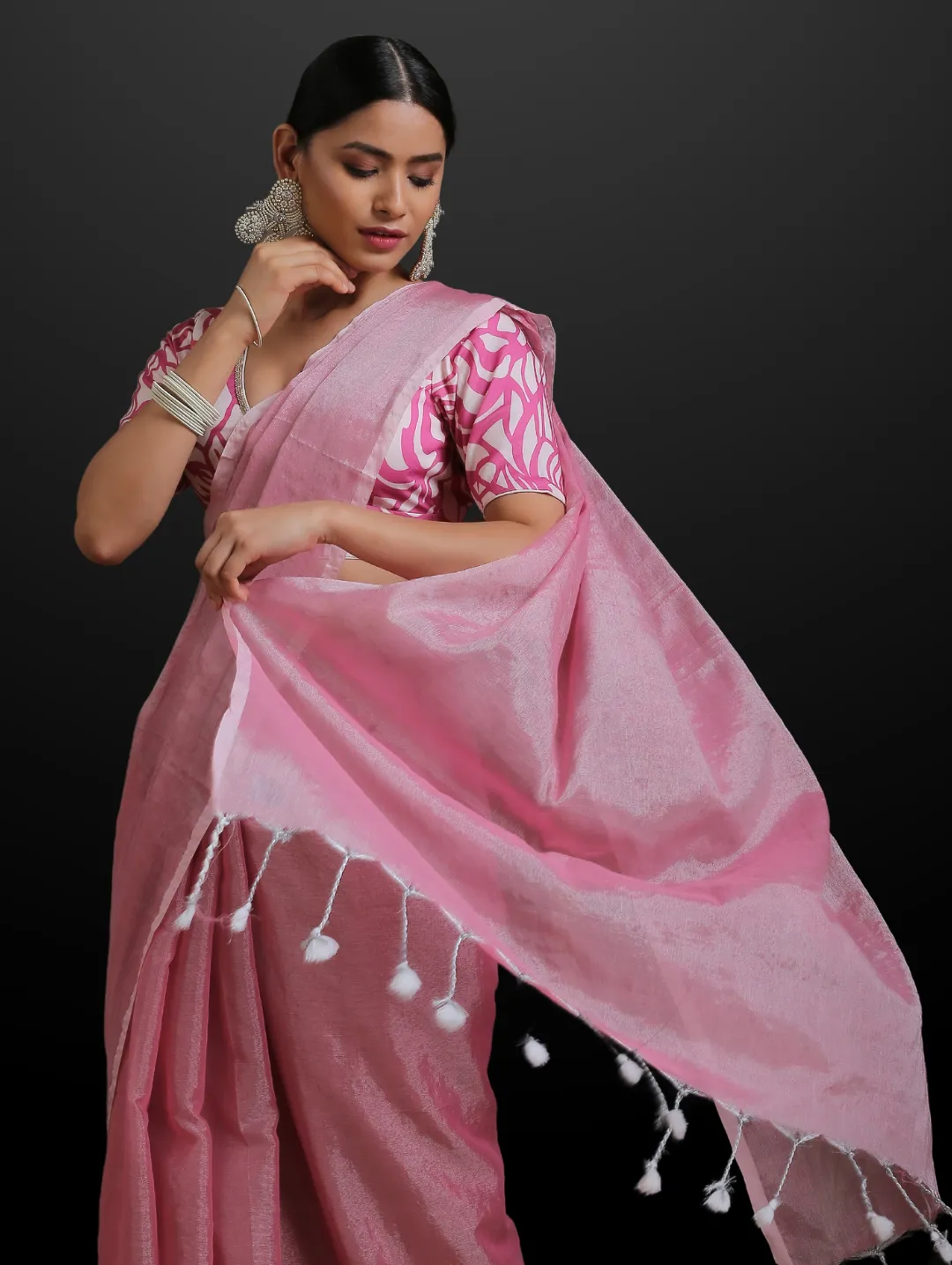 Flamingo Pink Silver Cotton Linen Saree