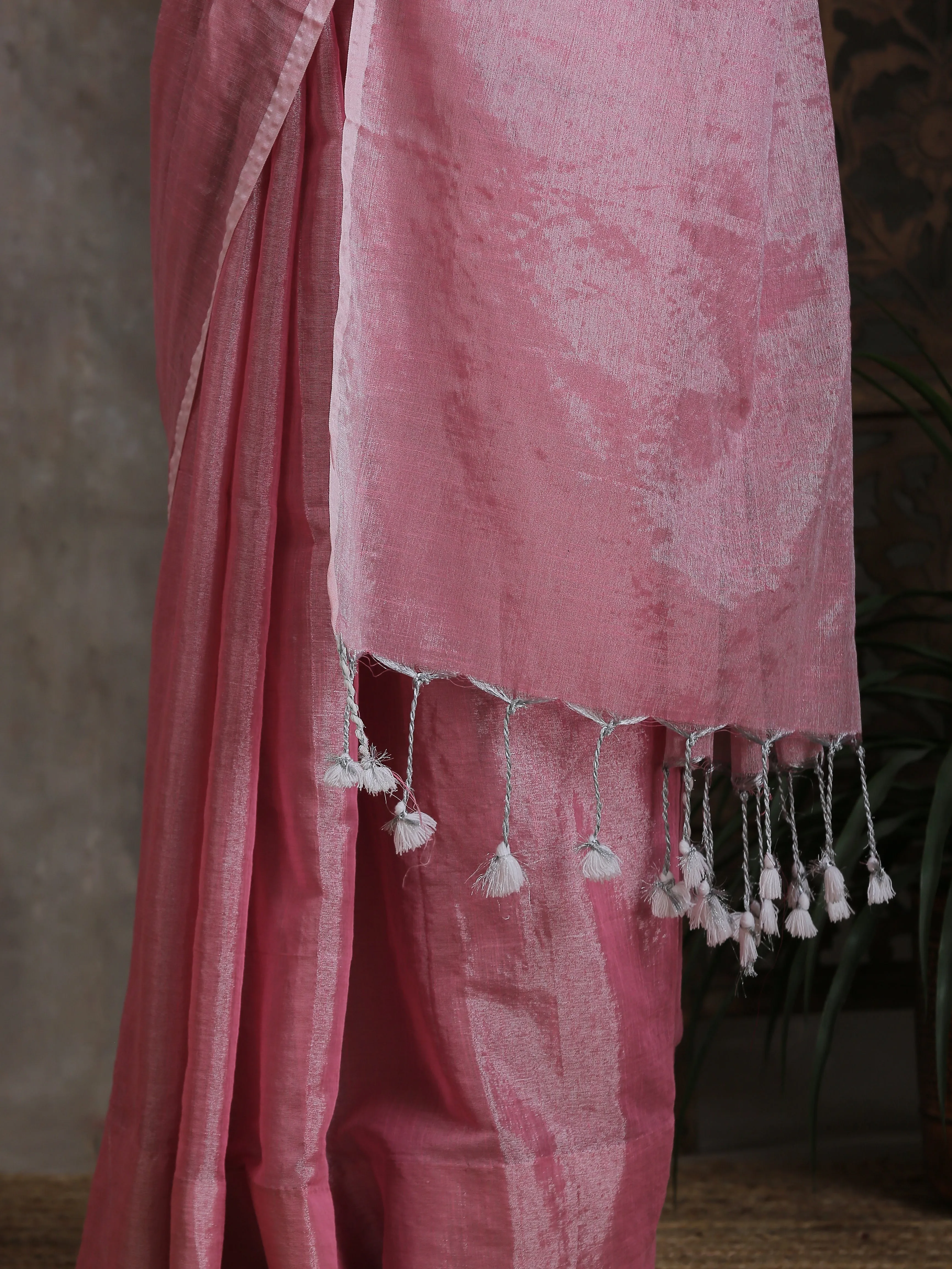 Flamingo Pink Silver Cotton Linen Saree