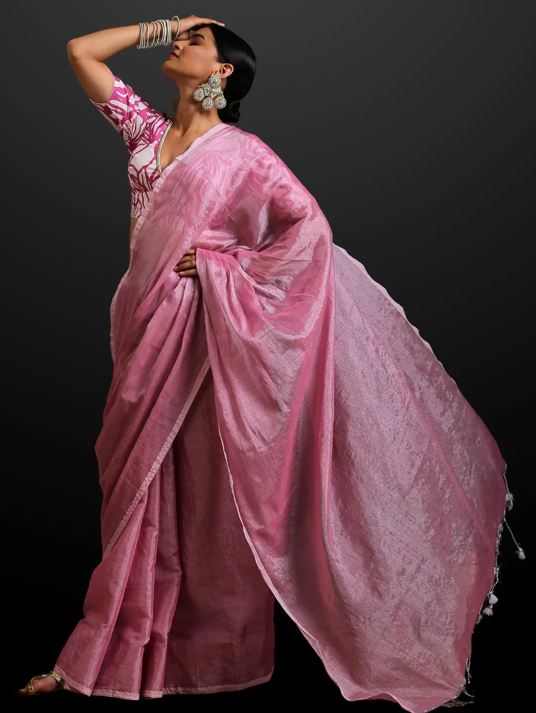 Flamingo Pink Silver Cotton Linen Saree