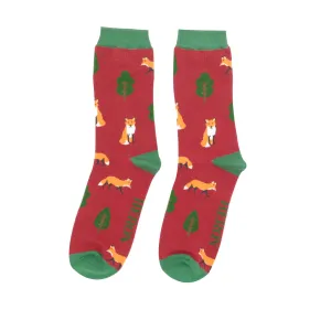 Fox in the Woods Bamboo Socks in Red by Mr Heron, Size UK 7-11