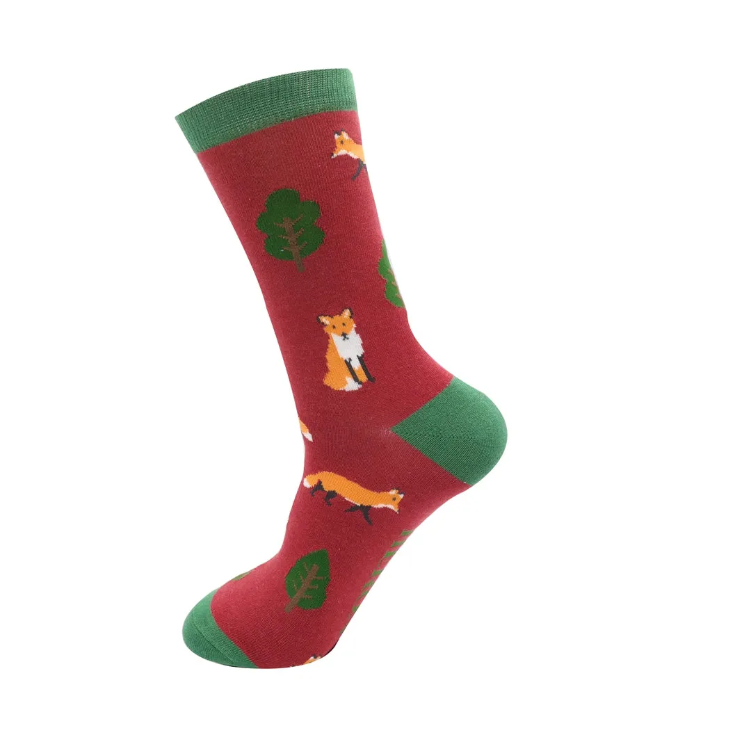 Fox in the Woods Bamboo Socks in Red by Mr Heron, Size UK 7-11