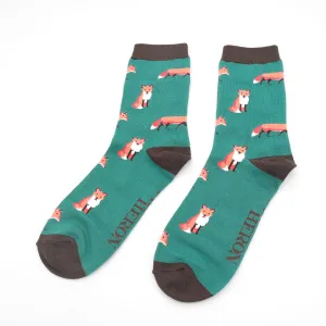 Foxes Bamboo Socks in Green by Mr Heron, Size UK 7-11