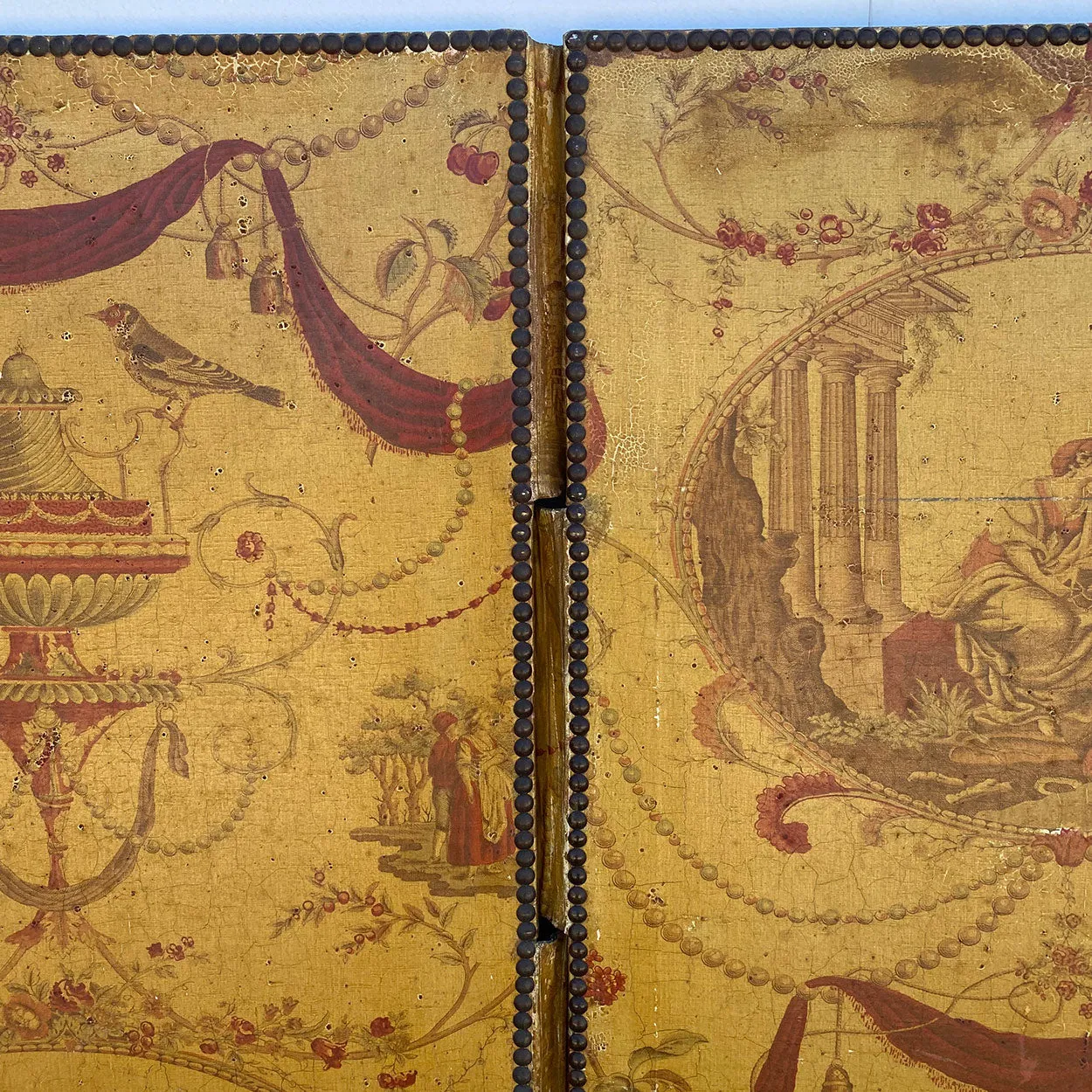 French Louis XVI Style Toile Linen Fabric Three-Fold Room Screen