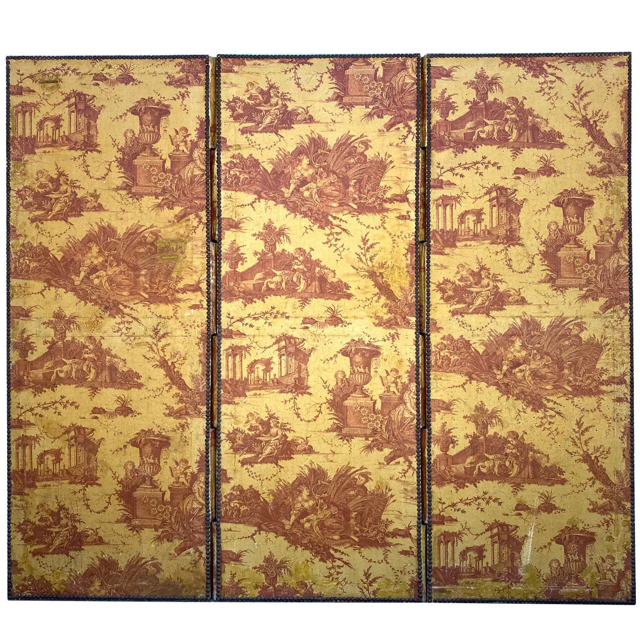 French Louis XVI Style Toile Linen Fabric Three-Fold Room Screen