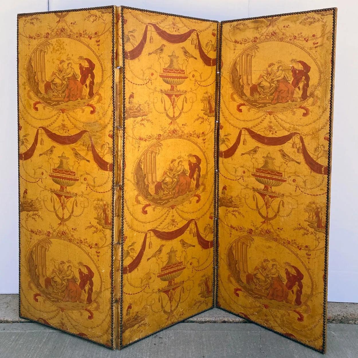French Louis XVI Style Toile Linen Fabric Three-Fold Room Screen