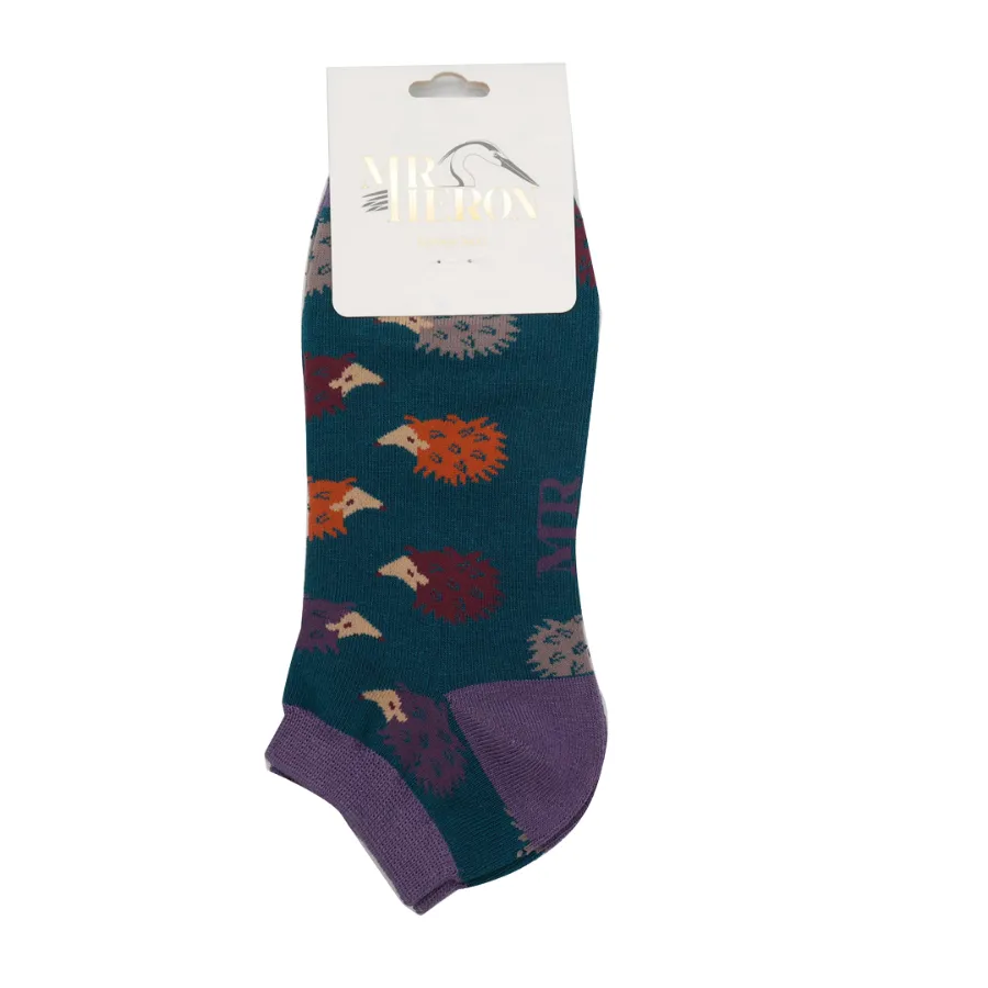 Fun Hedgehog Bamboo Trainer Socks in Teal by Mr Heron, Size UK 7-11