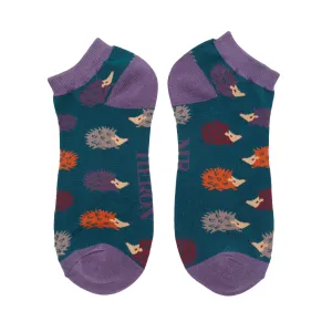 Fun Hedgehog Bamboo Trainer Socks in Teal by Mr Heron, Size UK 7-11