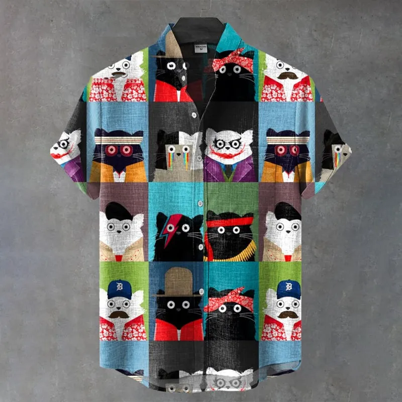 Funny Cat Art Print Casual Short Sleeve Shirt