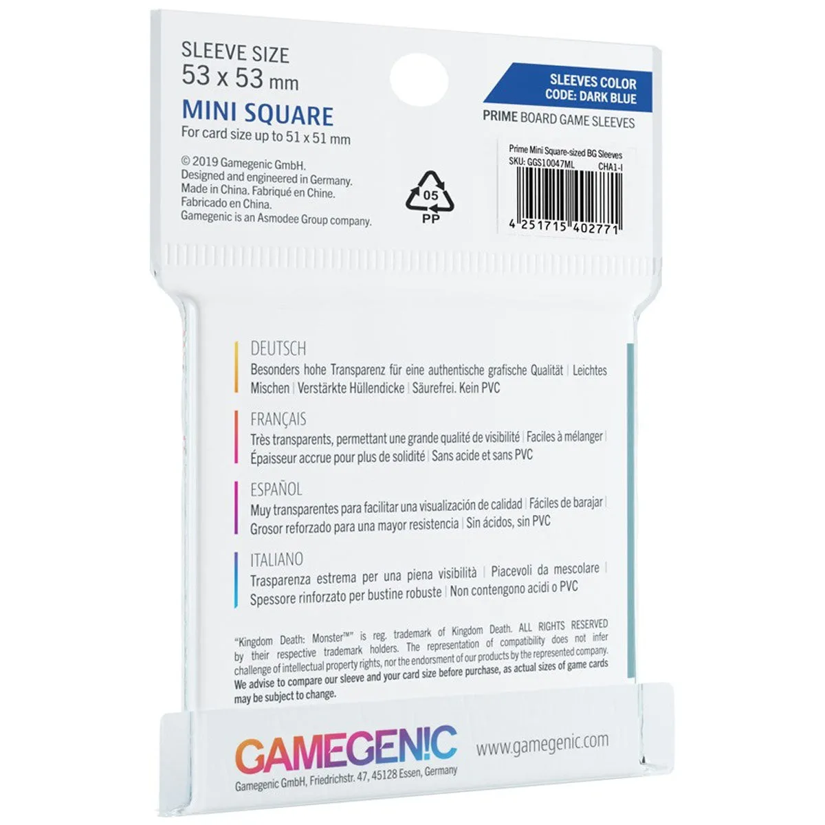 Gamegenic Prime Board Game Sleeves Mini Square Sized Kingdom Death Monster 53mm x 53mm 50pc