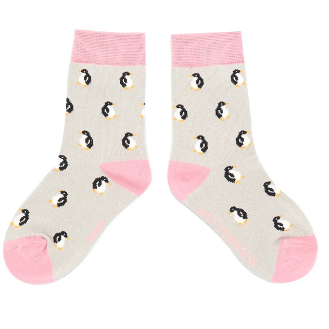 Girls Little Penguin Bamboo Socks in Silver Grey by Miss Sparrow